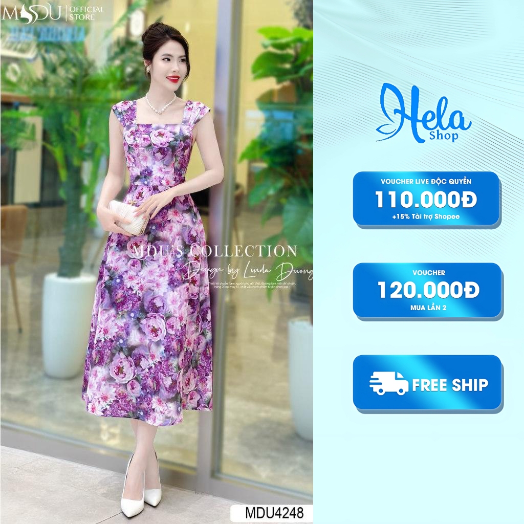 Lady Dress K34-d2-2 ดีไซน์คอเหลี่ยมหรูหราพร้อมกระโปรงบานเล็กน้อยจาก Mdu MDU4248