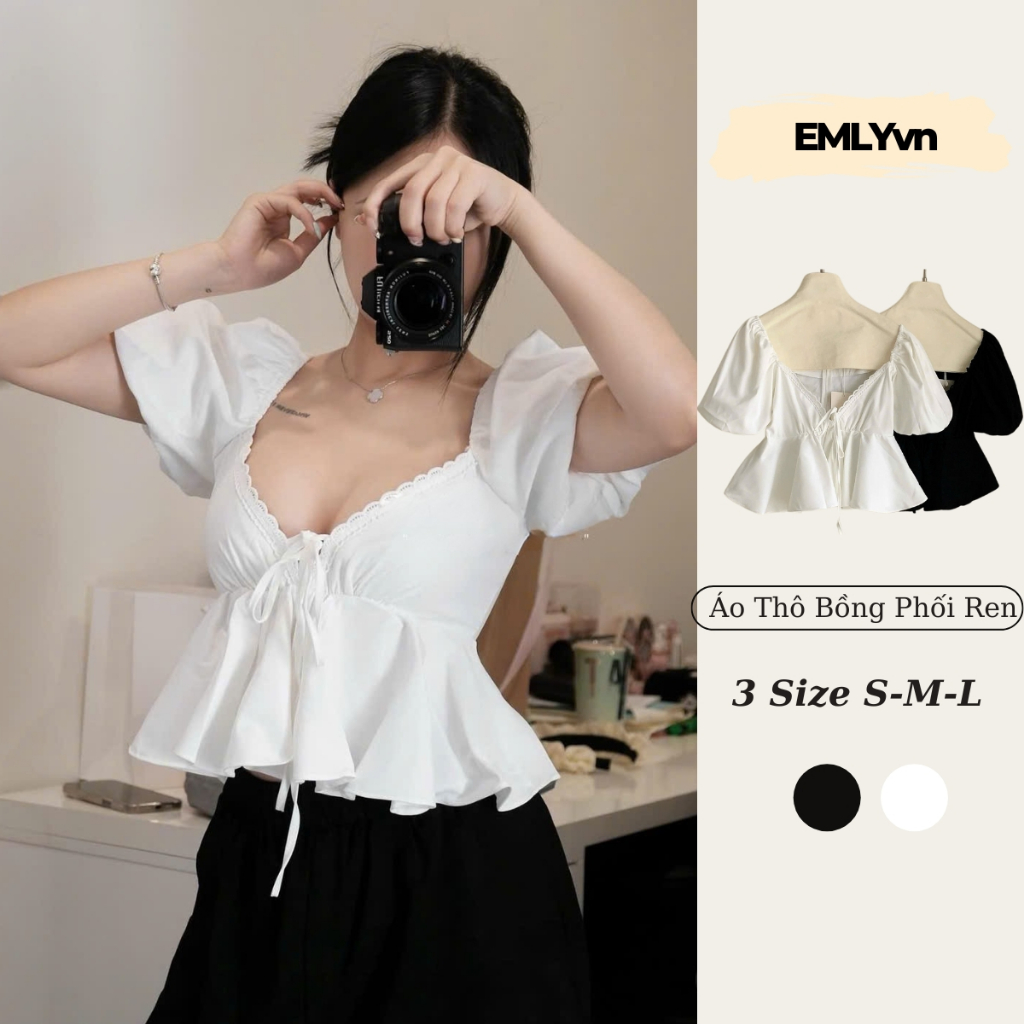 EMLY - เสื้อคอเต่าแขนระบายผู้หญิงตัดลูกไม้บาน, เทรนด์ร้อนผู้หญิงสวยพัฟแขนเสื้อ เบบี้ดอลล์