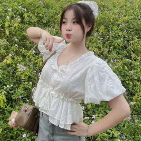 เสื้อ Babydoll แขนพัฟและ Ruffles หลวม V คอ "IU TOP" Samtitclothing MA 726