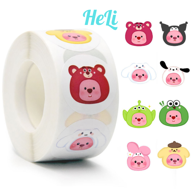 ม้วน 500 LOOPY, CAPYBARA, CUTE STRAWBERRY BEAR STICKERS IN MANY COLORS, CARTOON STICKERS สําหรับเด็ก