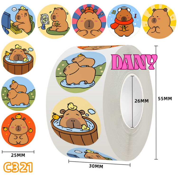 ม้วน 500 LOOPY, CAPYBARA, CUTE STRAWBERRY BEAR STICKERS IN MANY COLORS, CARTOON STICKERS สําหรับเด็ก
