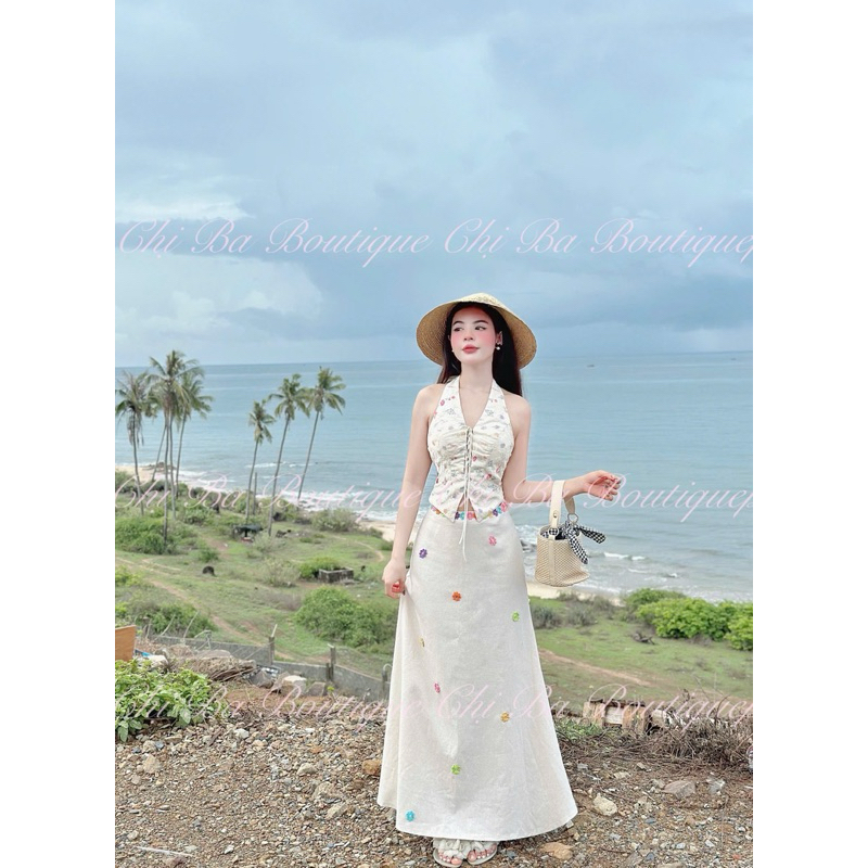 Set เสื้อเชิ้ตลายดอกไม้ปักคอคล้องคอ+มิดิดอกไม้ cv - sister ba boutique