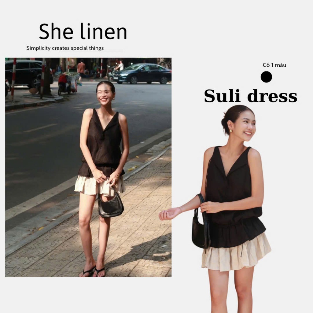 SULI DRESS- ชุดเดรสสายเดี่ยวคอวีผ้าลินินเธอ