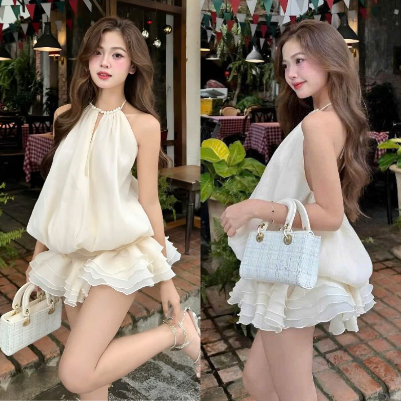 ชุดเดรสคอปกมุกพร้อมเดรสเอวบานเปลือยพร้อมกางเกงป้องกันสุดน่ารัก นางสาว86