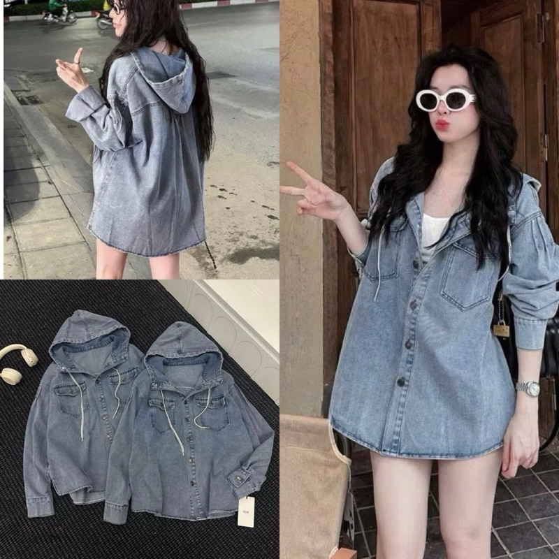 เสื้อยีนส์ผู้หญิงมีฮู้ดหลวมและกระเป๋าหน้าอกสไตล์วัยรุ่น