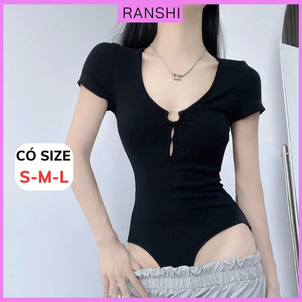 [AVAILABLE SIZE] RANSHI บอดี้สูทแขนสั้นคอลึกและกางหน้าอก RANSHI แหวนเหล็กเซ็กซี่พร้อมวัสดุยางแท้ - R