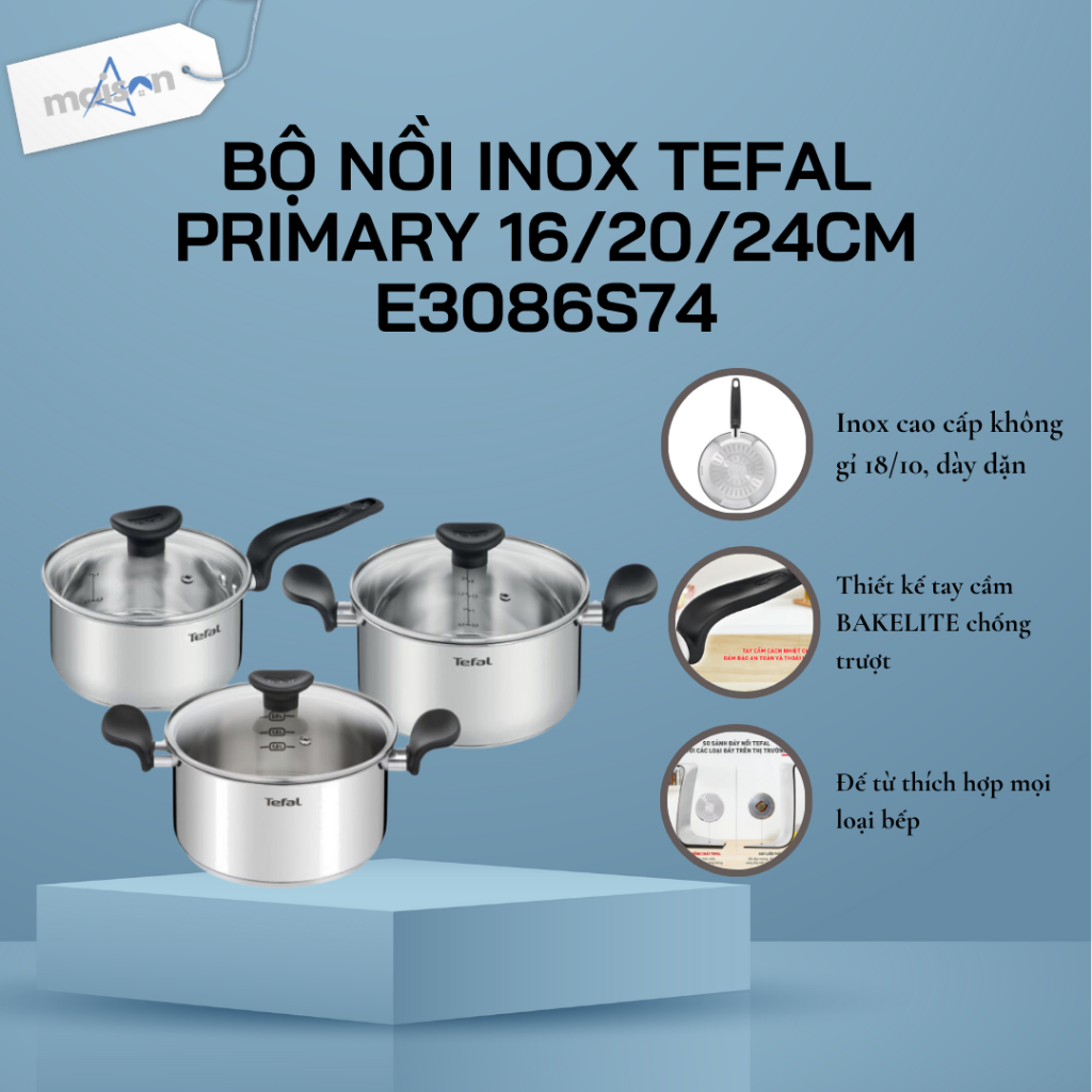 Tefal ชุดหม้อสแตนเลสหลัก 16/18/20cm E308S674 - หม้อ 16cm - หม้อ 1.5L, หม้อ 18cm - 2.2L, หม้อ 20cm - 