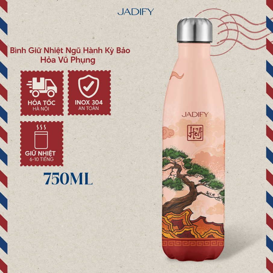 ขวดเก็บความร้อน Ky Bao ห้าองค์ประกอบ - Hoa Vu Pung - ขวดหยัก Blazing Phoenix - 750ml - Jadify
