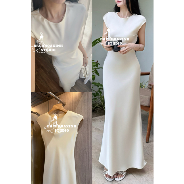 เดรสยาวผ้าไหมตรงคอกลมและหลวม แขนสั้น-ชุดเดรสพื้นฐานผ้าไหมเกาหลีหรูหราและสง่างามสําหรับงานปาร์ตี้