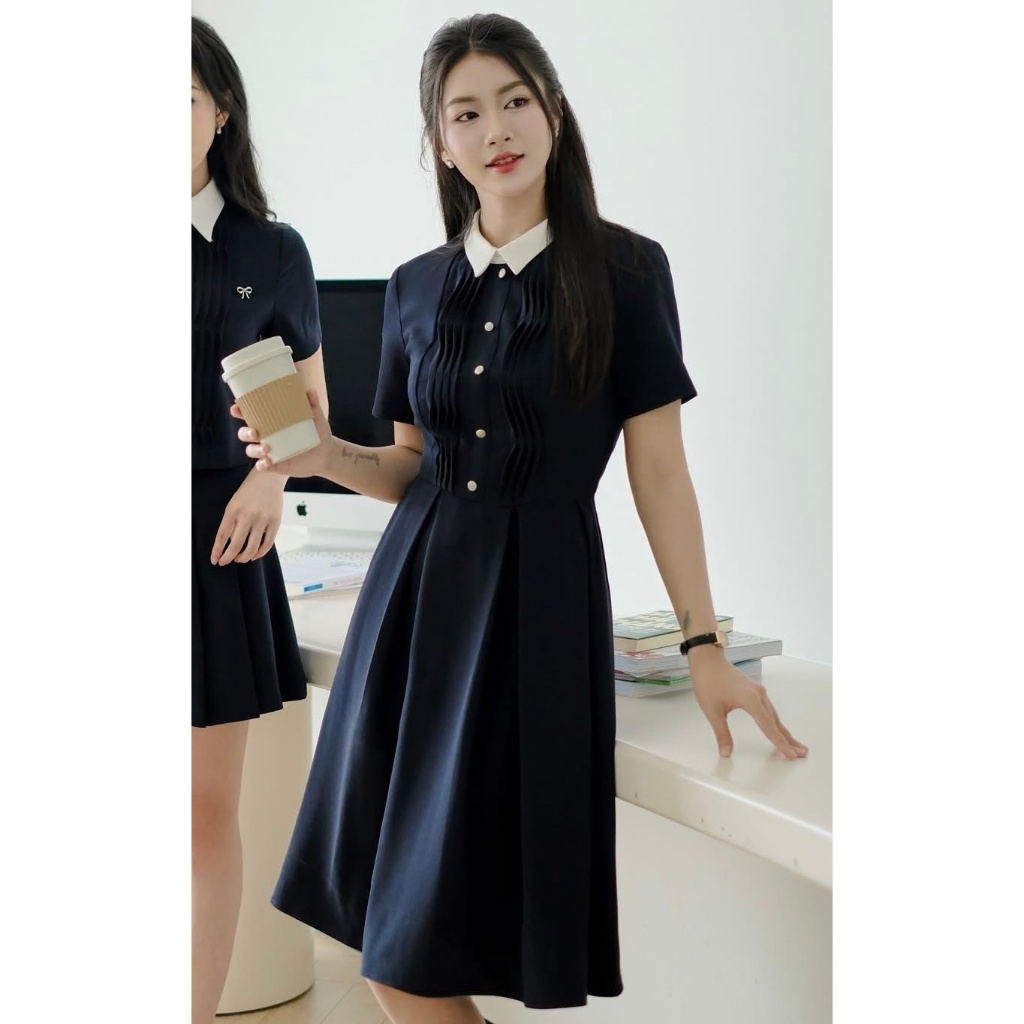 UnihomeClothing เดรสเชิ้ตจับจีบคอปกสีขาว (มีขนาดใหญ่) UnihomeClothing CK284