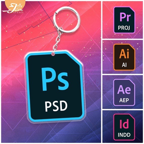 พวงกุญแจสําหรับนักออกแบบพิมพ์โลโก้ Adobe Photoshop, Illustrator, Indesign, After Effects, Premiere P