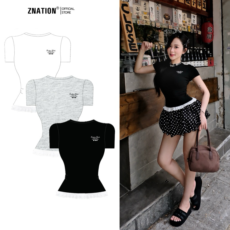 ZNATION Body Zip เสื้อยืดลูกไม้เข้ารูป