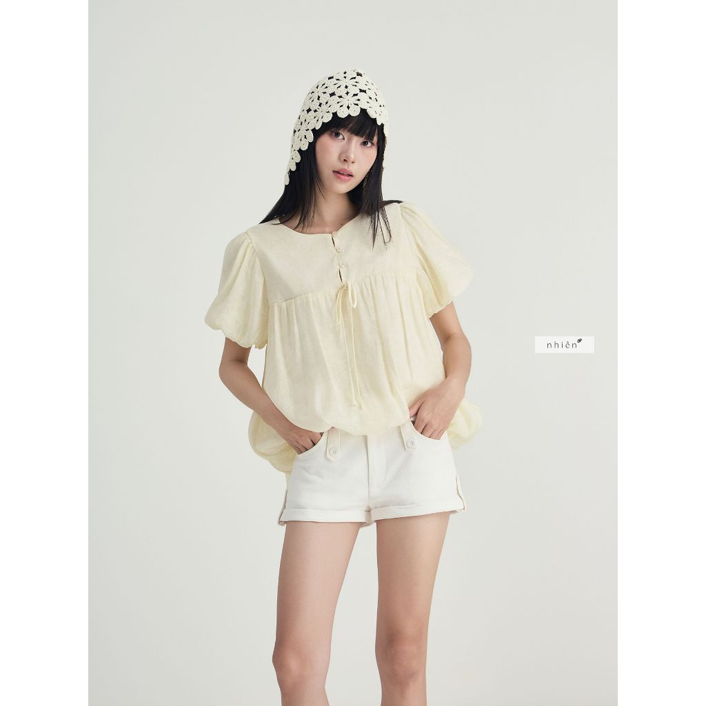 Vivian Top - เสื้อเชิ้ต babydoll เสื้อเชิ้ตแขนพัฟกระดุมสไตล์เกาหลี nhien.official BA477