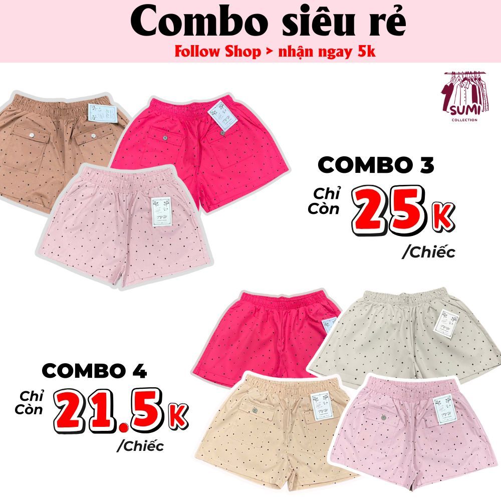 กางเกงขาสั้นผู้หญิงลายจุดและกระเป๋ากล่องทําจากเนื้อนุ่มสบายระบายอากาศมีหลายสีให้เลือกน่ารัก