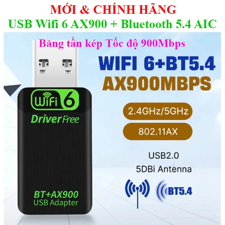 USB Wifi 6 AX 900Mbps + Bluetooth 5.4 Dual Band 2.4&5GHz AIC \ Realtek AC600