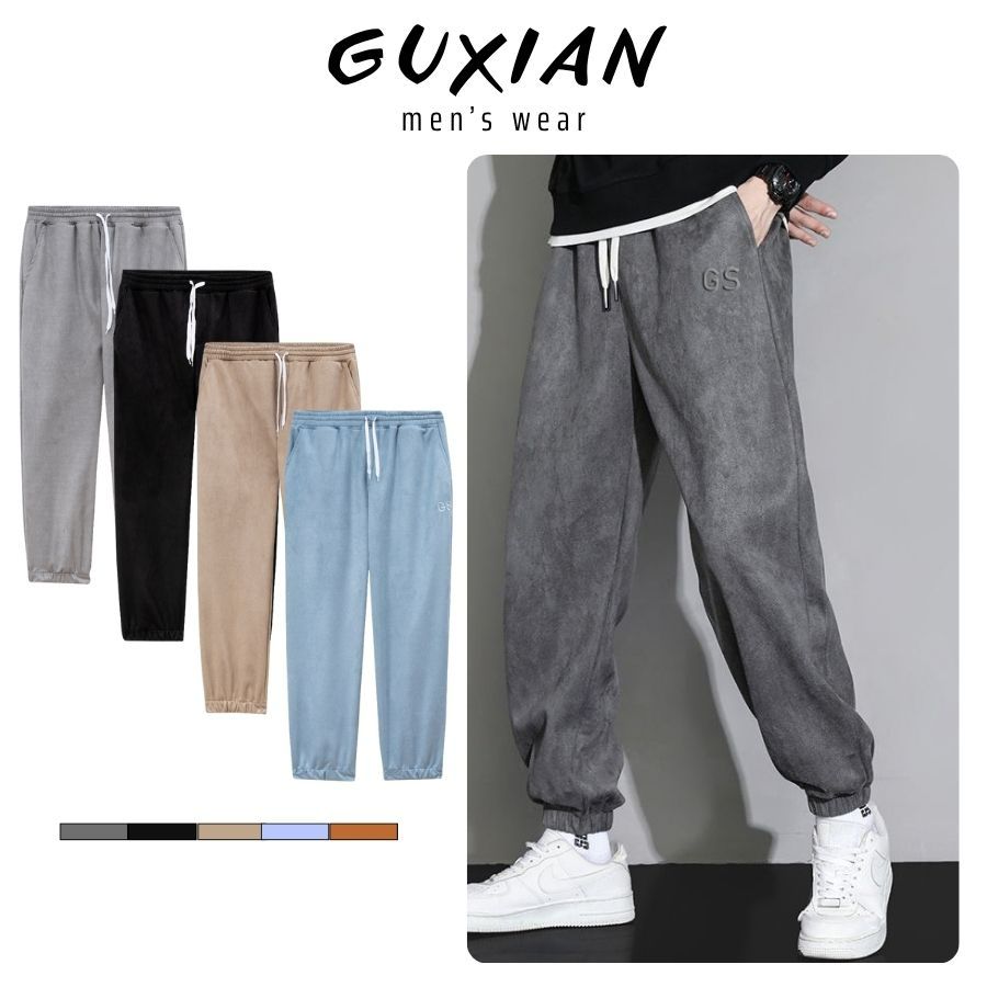 GUXIAN QN01X กางเกงขาตรงผู้ชายเอวยางยืดผ้าหนังกลับยืดนุ่ม