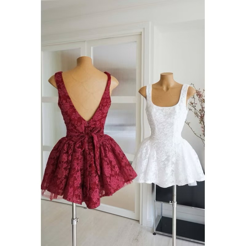 เดรสลูกไม้ดีไซน์คอ u เปิดหลัง ผูกโบว์บานน่ารัก (STANDARD REAL PHOTO MODEL) Hkt2t- store