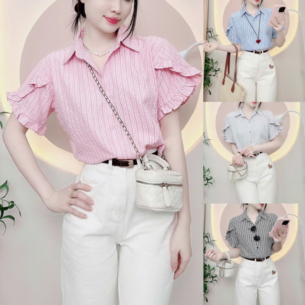 เสื้อเชิ้ตลายตารางหมากรุกผู้หญิง ดีไซน์แขนเลื่อนอ่อนเยาว์ LAMO- B1421