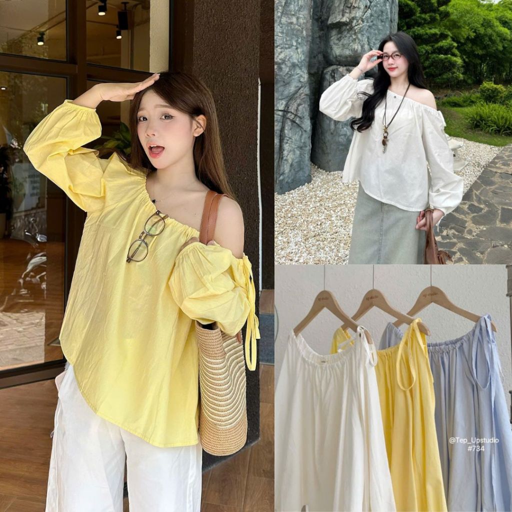 Junboy เสื้อเบลาส์ผูกโบว์แขนยาวสตรีปิดไหล่ A734_P7K2