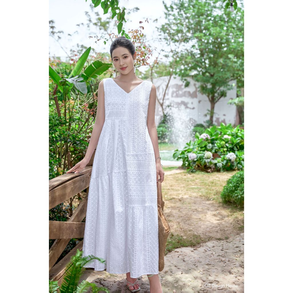 OZ Design House DA17781RST25 แม็กซี่เดรสลูกไม้ผ้าฝ้ายคอปกหน้าหลังสีขาว