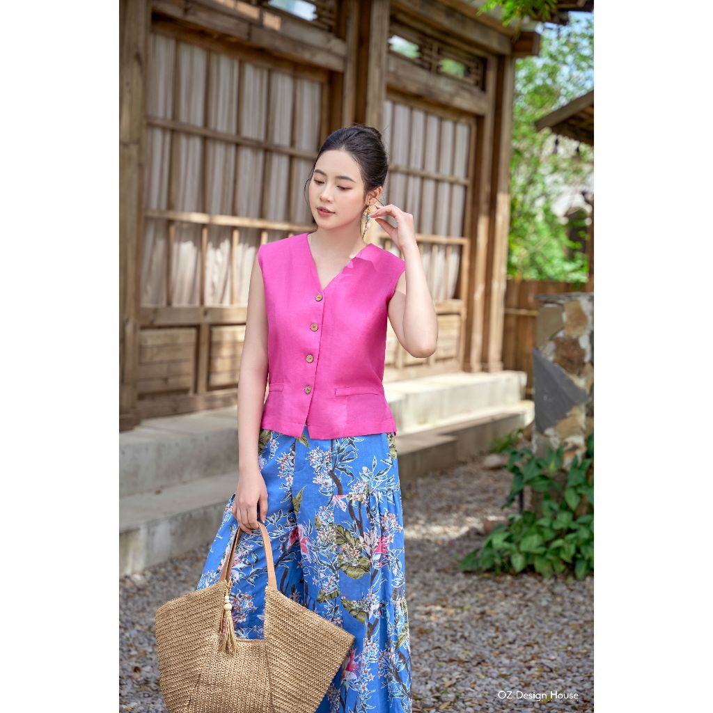 OZ Design House เสื้อกั๊ก AO02796RST25 คอเต่าผ้าลินินสีชมพูบัว