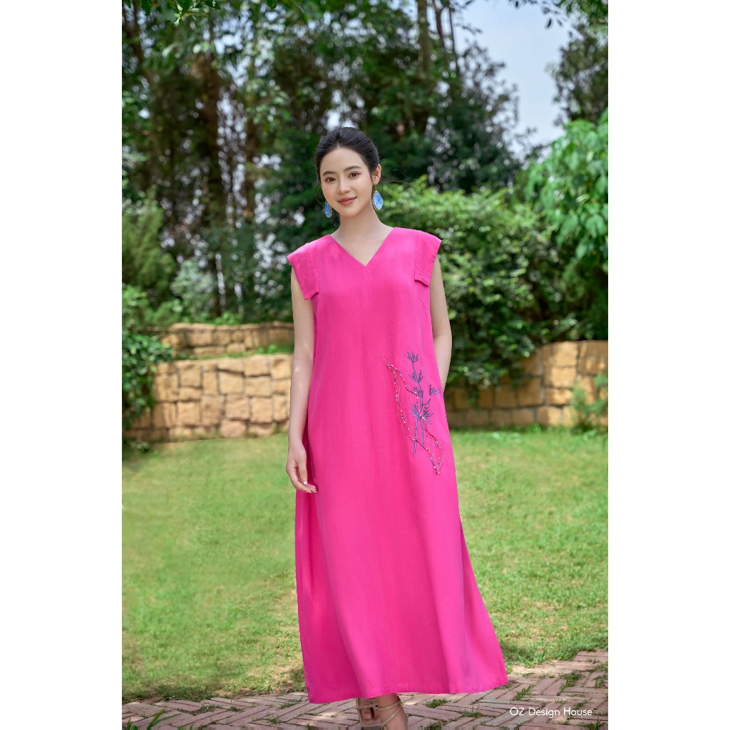 OZ Design House DA08795RST25 เดรสผ้าลินินปกหัวใจสีชมพูบัวปักคอทะเล 2 ชั้น