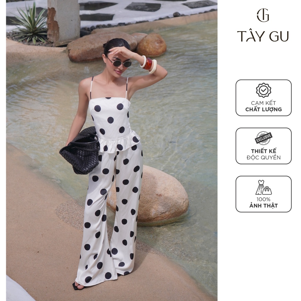 ชุด เสื้อคล้องคอผ้าไหม + กางเกงผ้าไหมบานลายจุด - STK44 - เทย์ กู