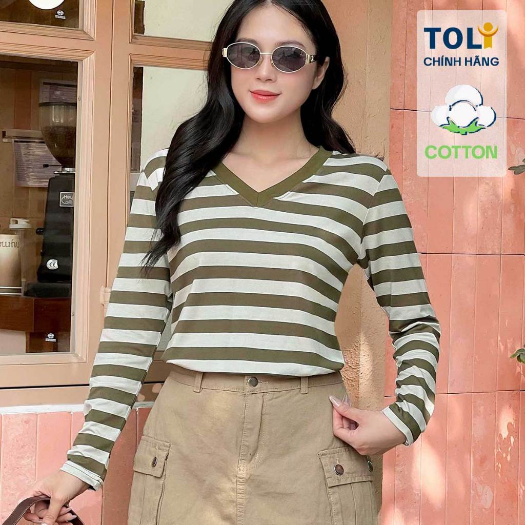 TOLI LHV82 เสื้อยืดแขนยาวผู้หญิงคอวี - ทรงเข้ารูป แถบแนวนอน ผ้าคอตตอนยืด 4 ทิศทางเนื้อนุ่ม