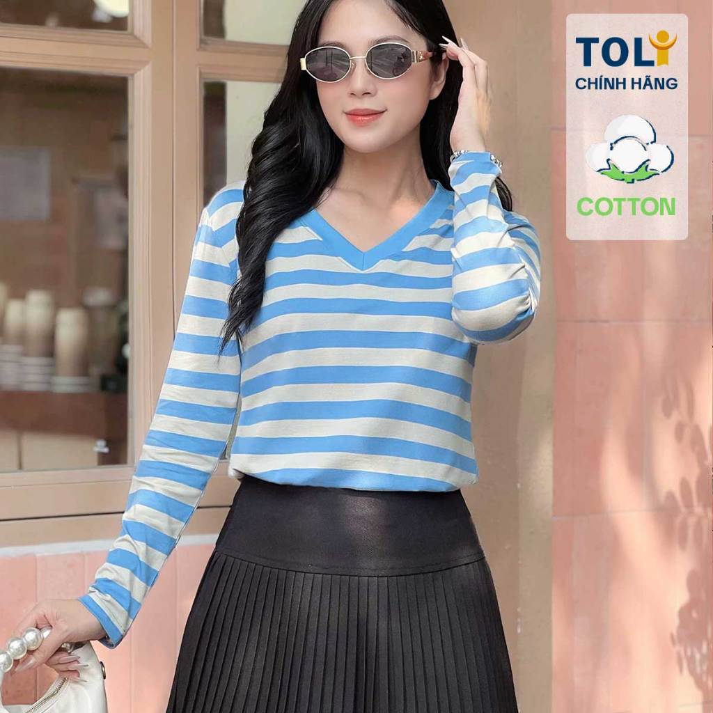 TOLI LHV80 เสื้อยืดแขนยาวผู้หญิงคอวี - ทรงเข้ารูป แถบแนวนอน ผ้าคอตตอนยืด 4 ทิศทางเนื้อนุ่ม