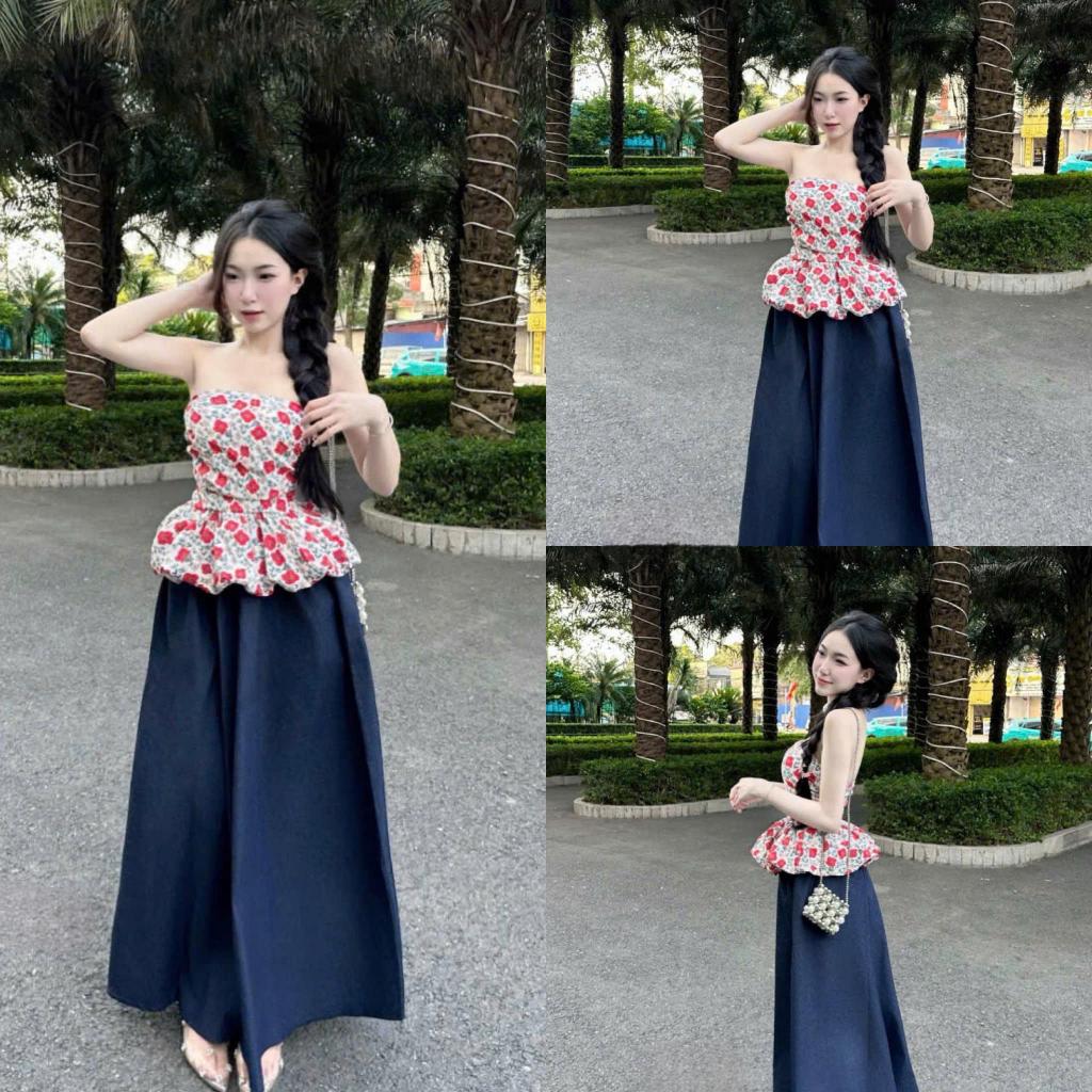 F53 Set (บนและกระโปรง) เสื้อเกาะอกลายดอกไม้พร้อมกระโปรงยีนส์