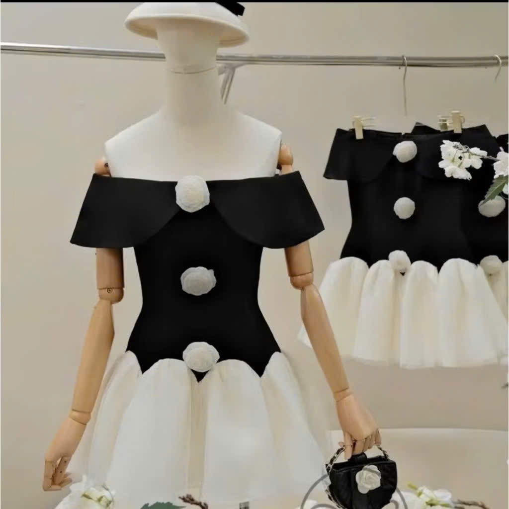 เดรสลายดอกไม้เปิดไหล่สวยมากรูปเงาสั้นกระโปรงพองทําจากหิมะและฝน HV789 - รูปที่ 4