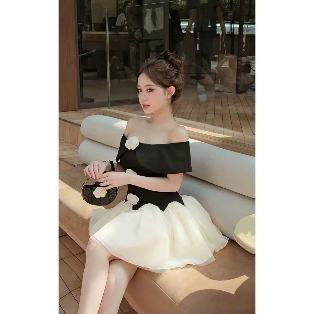 เดรสลายดอกไม้เปิดไหล่สวยมากรูปเงาสั้นกระโปรงพองทําจากหิมะและฝน HV789 - รูปที่ 5