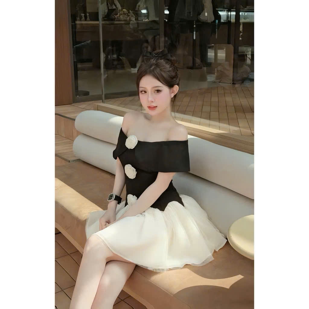 เดรสลายดอกไม้เปิดไหล่สวยมากรูปเงาสั้นกระโปรงพองทําจากหิมะและฝน HV789 - รูปที่ 6