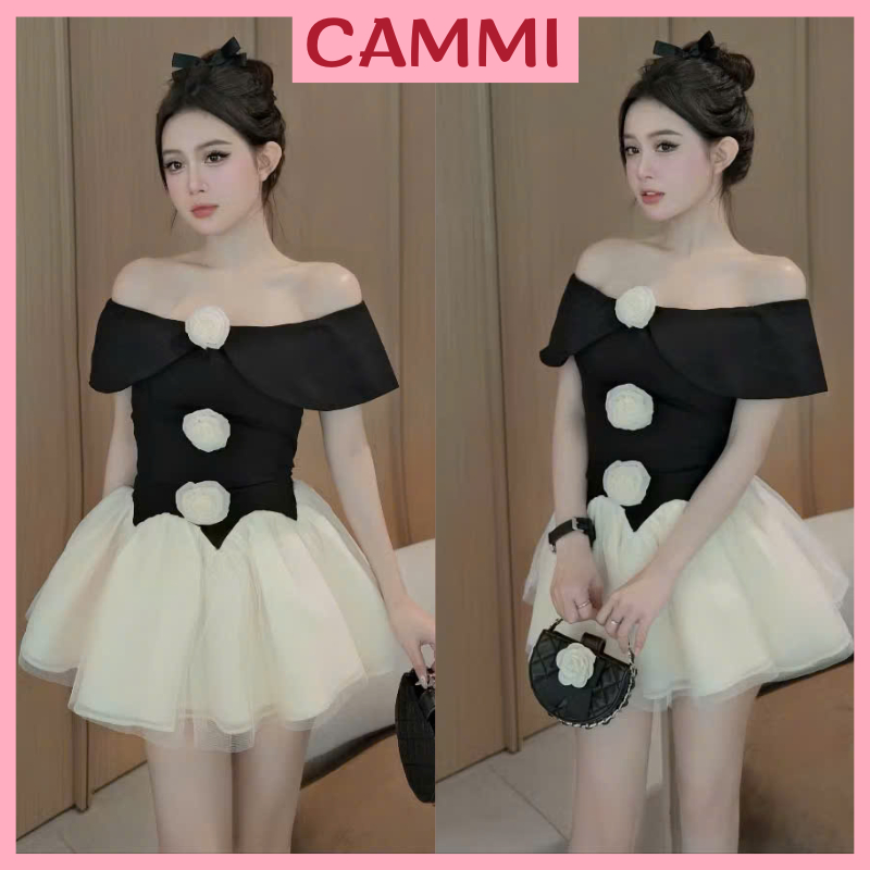 เดรสลายดอกไม้เปิดไหล่สวยมากรูปเงาสั้นกระโปรงพองทําจากหิมะและฝน HV789