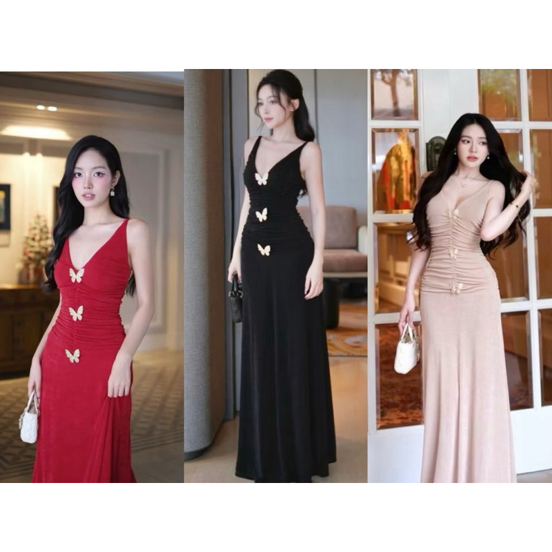 แม็กซี่เดรสคอเต่า 2 สาย ผูกทองสุดหรู-Hkt2t-store