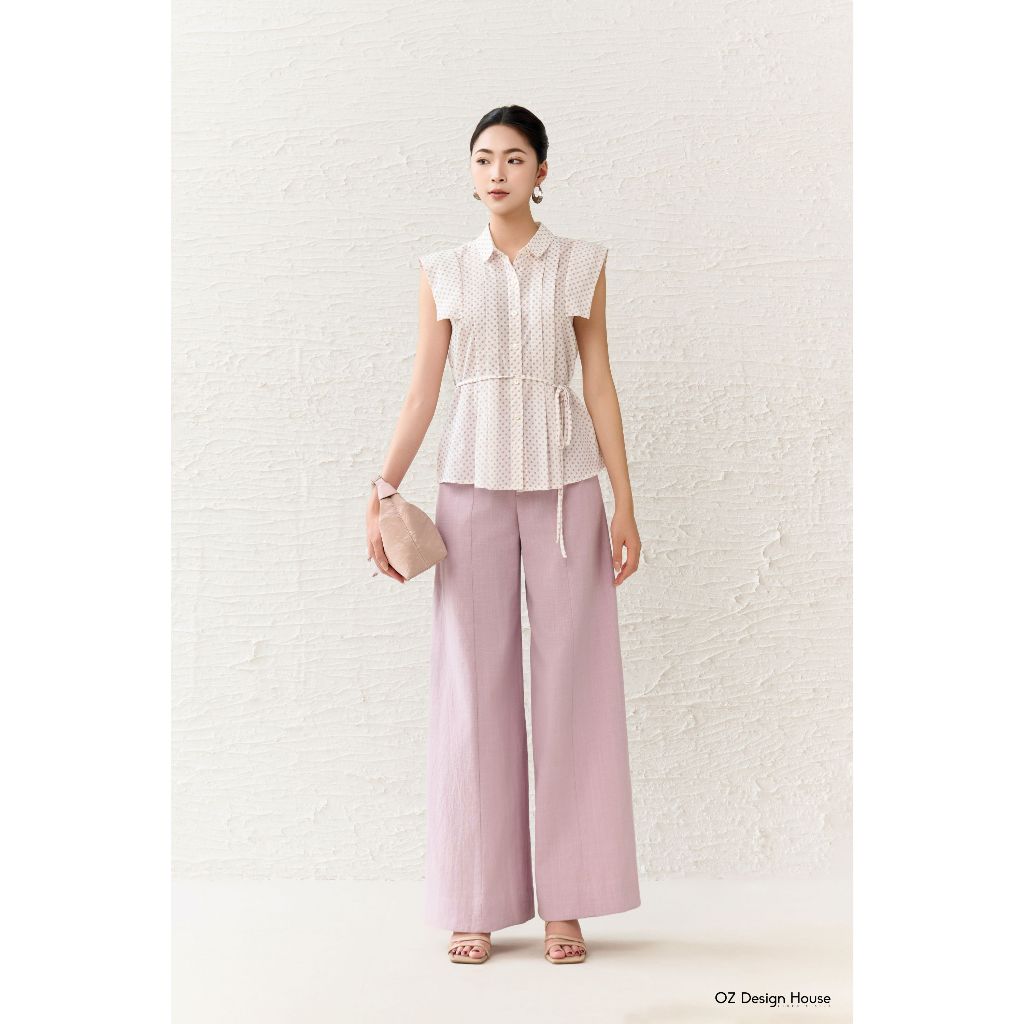 OZ Design House เสื้อคอปกเยอรมันหน้าพลิก AO04818RST25 ผ้าไหมซาตินสีขาวลายจุด