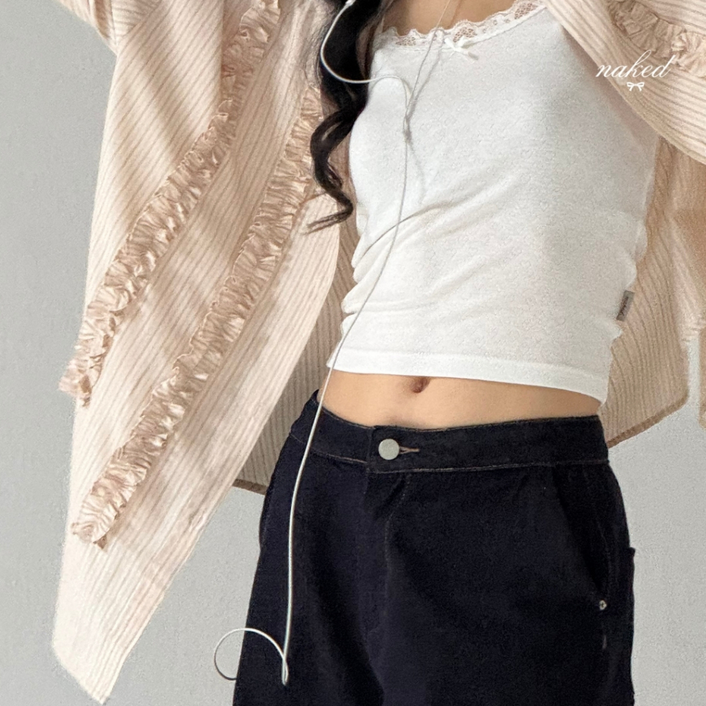 เสื้อเชิ้ตแขนยาวผู้หญิง NAKEDbyV เสื้อเชิ้ตลายทางเกาหลีสไตล์ RUFFLE SHIRT - รูปที่ 5