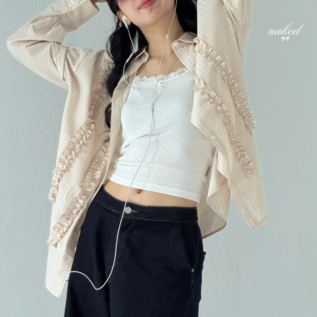 เสื้อเชิ้ตแขนยาวผู้หญิง NAKEDbyV เสื้อเชิ้ตลายทางเกาหลีสไตล์ RUFFLE SHIRT - รูปที่ 4