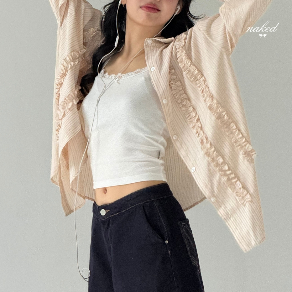 เสื้อเชิ้ตแขนยาวผู้หญิง NAKEDbyV เสื้อเชิ้ตลายทางเกาหลีสไตล์ RUFFLE SHIRT - รูปที่ 7