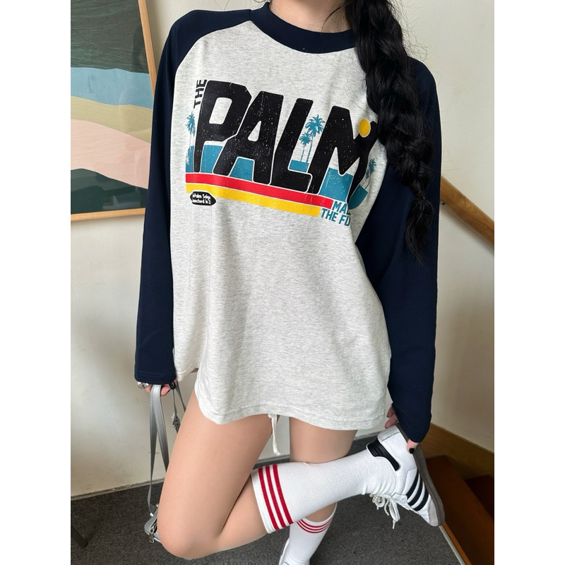 ThePalm ไซโกโนะอย่างเป็นทางการ - Raglan "RETRO BEACH" เสื้อยืดแขนยาว Pepper Grey/Navy UNISEX ผู้ชายผู้หญิง