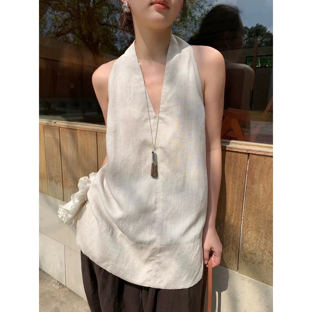 เสื้อเชิ้ตผ้าลินินแขนกุดคอวีสวยหรู