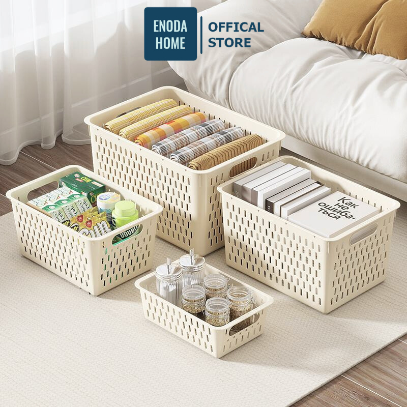 ENODA HOME ตะกร้าพลาสติกสี่เหลี่ยมถาด Combo 4 ขนาด, Multi-Purpose HOME Organizer ตะกร้าเก็บ Q032