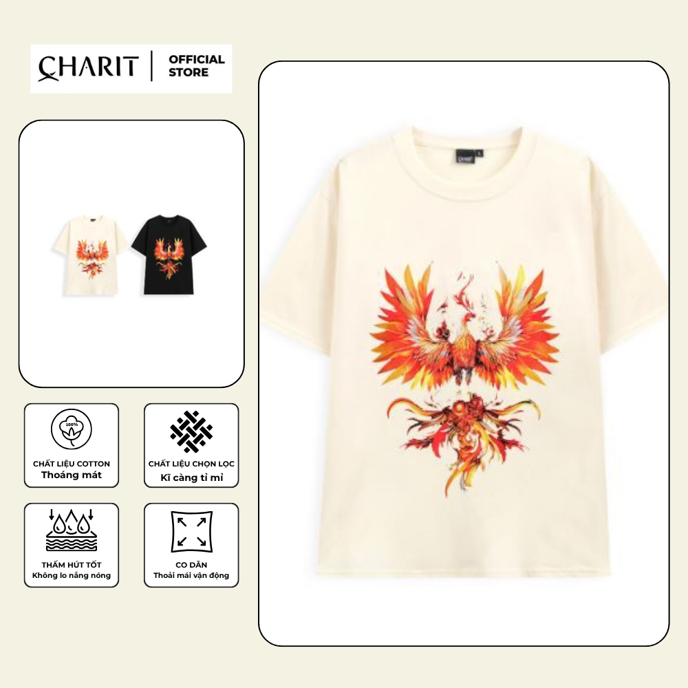 เสื้อยืด Unisex สําหรับผู้ชายและผู้หญิง พิมพ์ลาย FIRE PHOENIX ผ้าคอตตอน 100% - BOONE - BNE00278