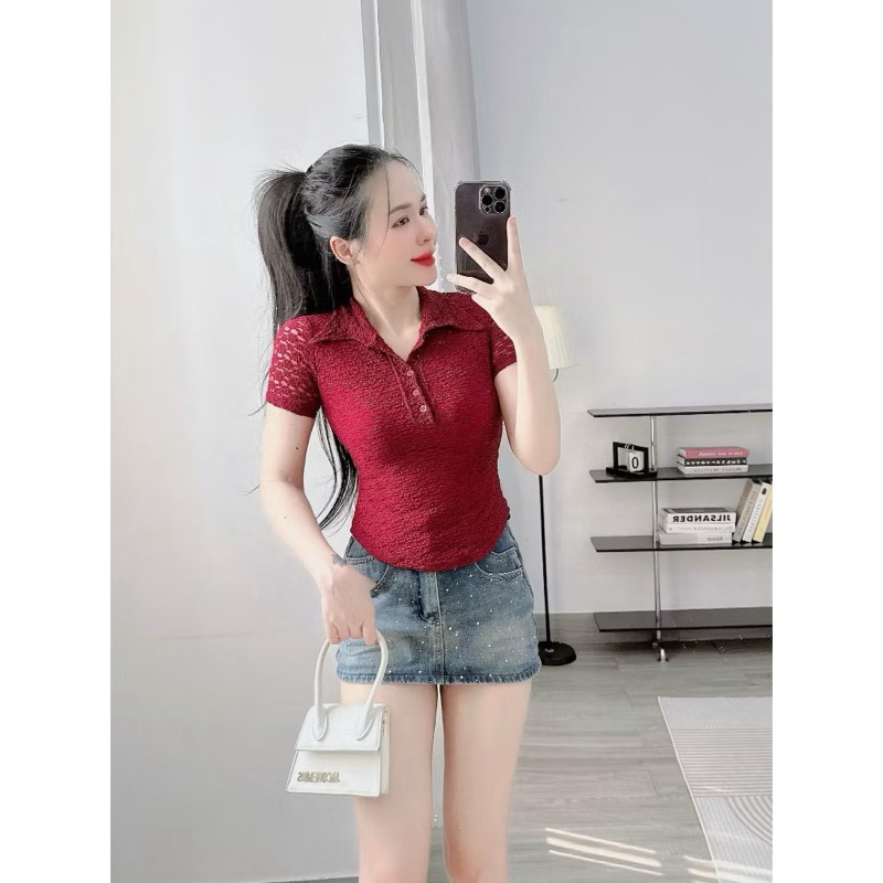 BASIC BIGSIZE เสื้อลูกไม้ลายดอกไม้คอปก 50-85kg