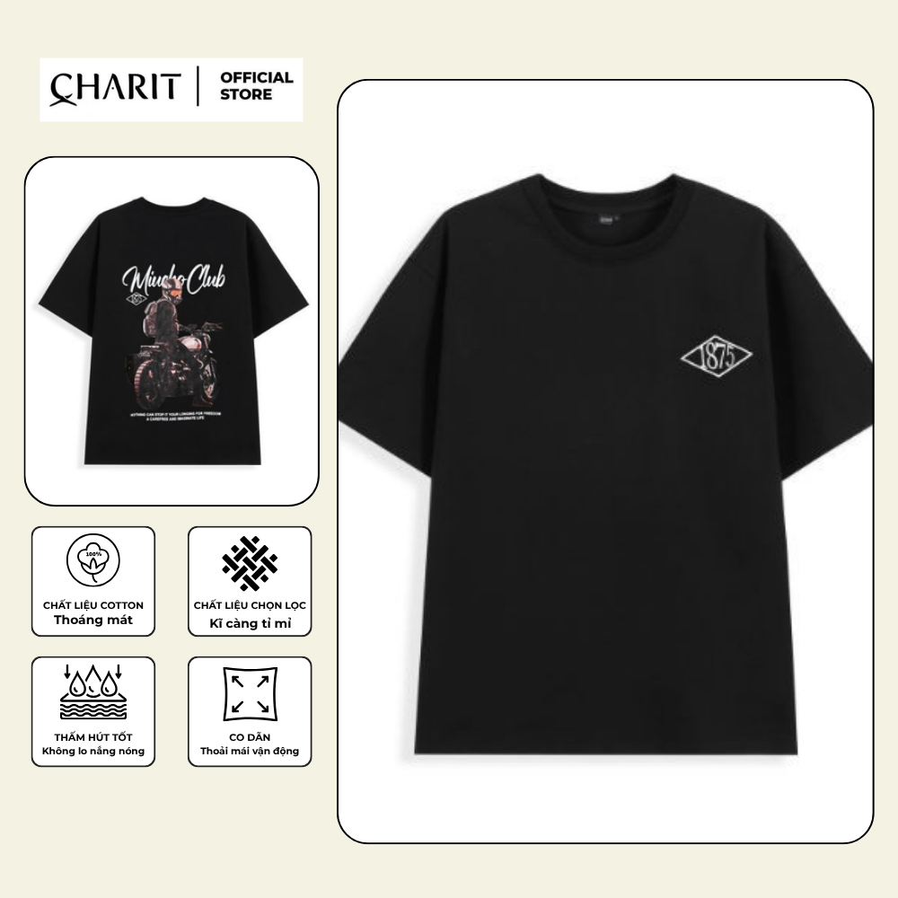 เสื้อยืด Unisex สําหรับผู้ชายและผู้หญิง พิมพ์ลาย BIKER 1875 ผ้าคอตตอน 100% - BOONE - BNE00254