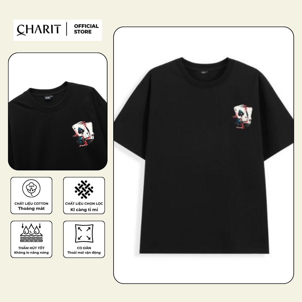 เสื้อยืด Unisex สําหรับผู้ชายและผู้หญิง พิมพ์ลาย Ace of Spades ผ้าคอตตอน 100% - BOONE - BNE00299