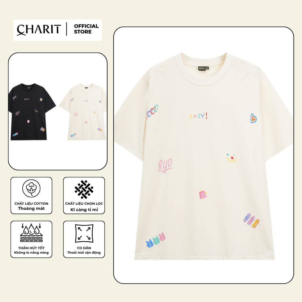 เสื้อยืด Unisex สําหรับผู้ชายและผู้หญิง พิมพ์ลาย CHARIT EASY ผ้าคอตตอน 100% - BOONE - BNE00231