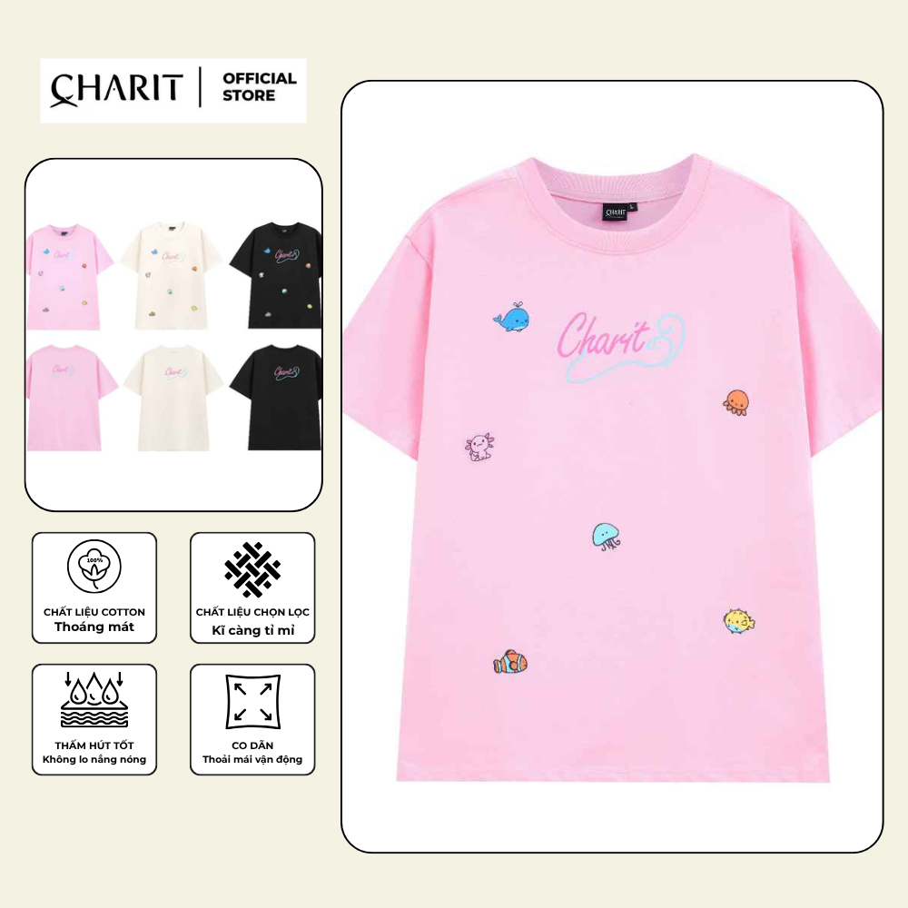 เสื้อยืด Unisex สําหรับผู้ชายและผู้หญิง พิมพ์ลาย CHARIT น่ารัก ผ้าคอตตอน 100% - BOONE - BNE00275