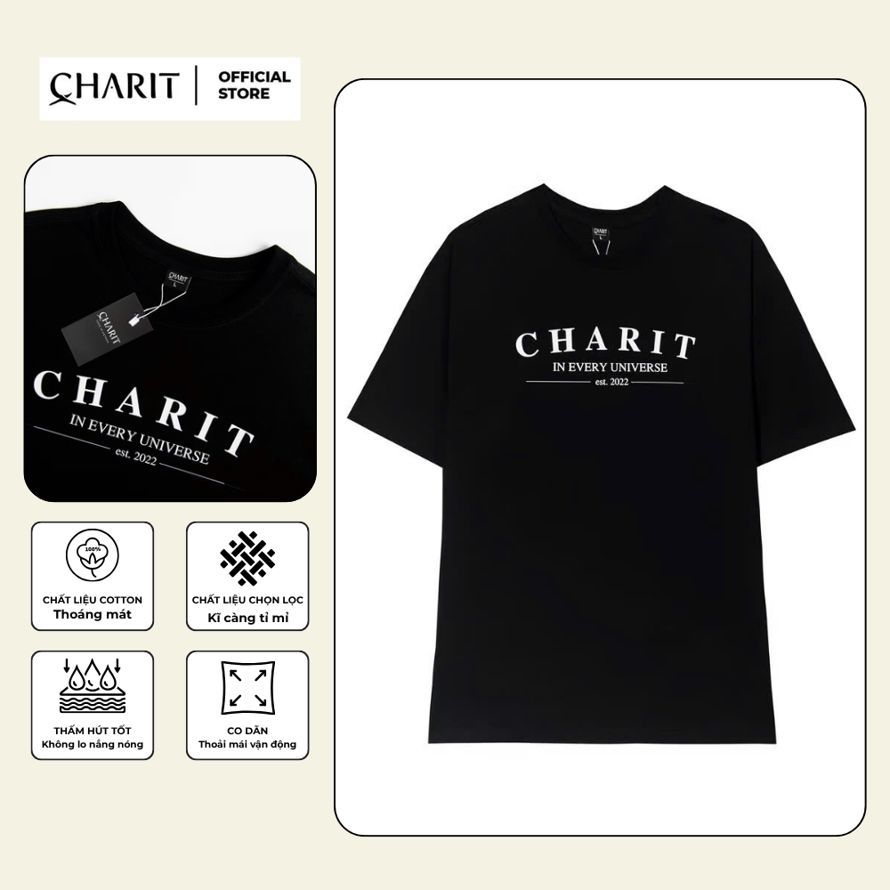 เสื้อยืด Unisex สําหรับผู้ชายและผู้หญิงพิมพ์ลาย CHARIT IN EVERY UNIVERSE ผ้าคอตตอน 100% - BOONE - BN