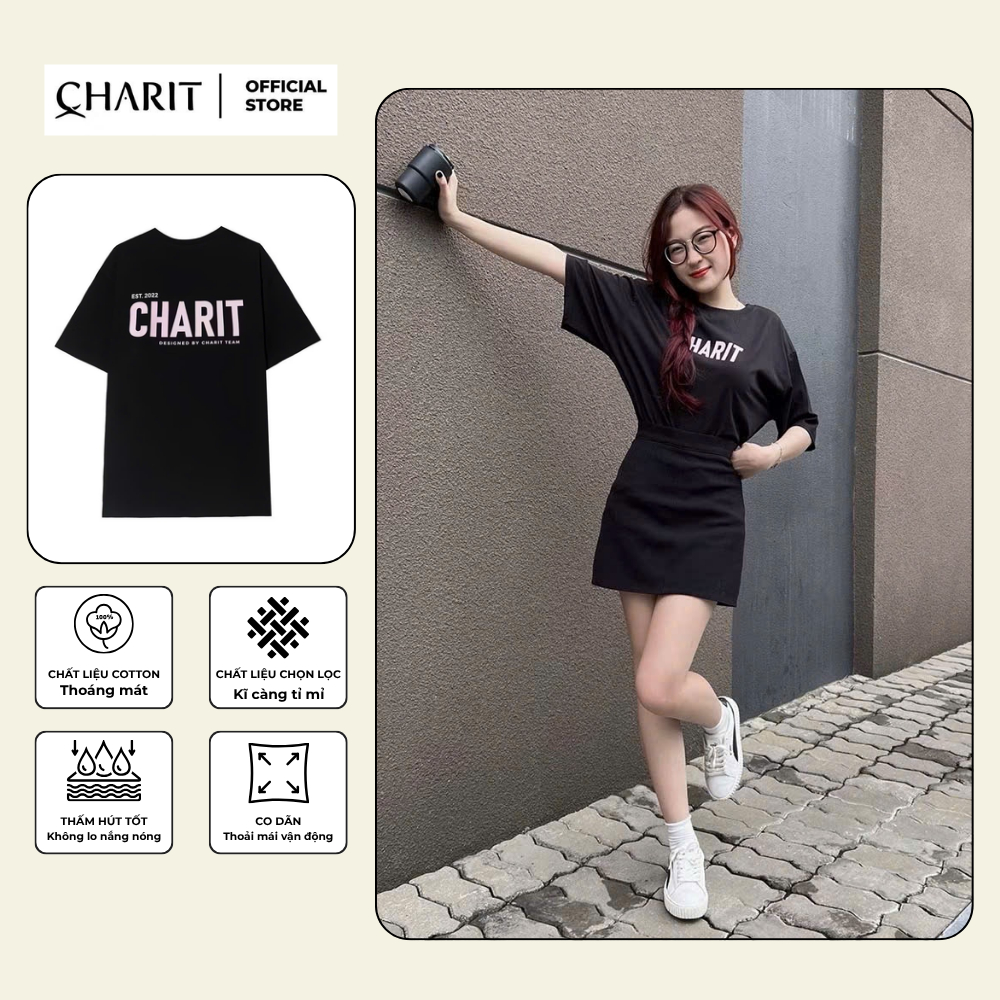 เสื้อยืด Unisex สําหรับผู้ชายและผู้หญิง BLACK พิมพ์ลาย PINK CHARIT ผ้าคอตตอน 100% - BOONE - BNE00272